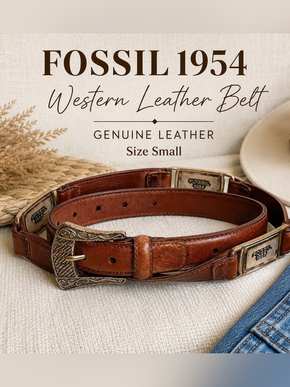 Fossil 1954 Brown Leather Concho Western Belt Boho Vintage Style Size Small